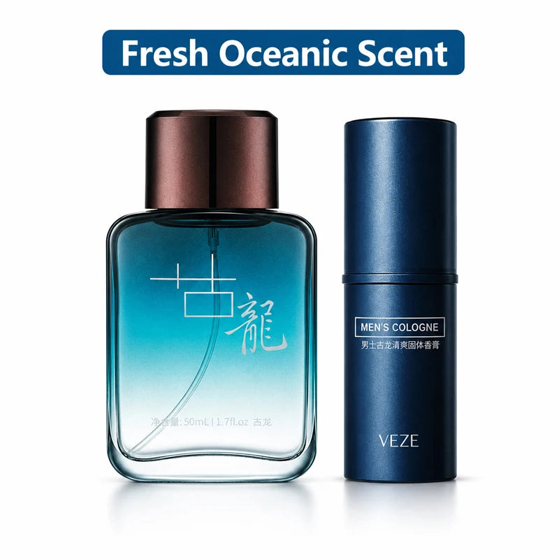 2Pcs Men Cologne Set Ocean Fresh Spray Perfume & Solid Cologne Long Lasting Portable Fragrance Gift for Him Travel Daily