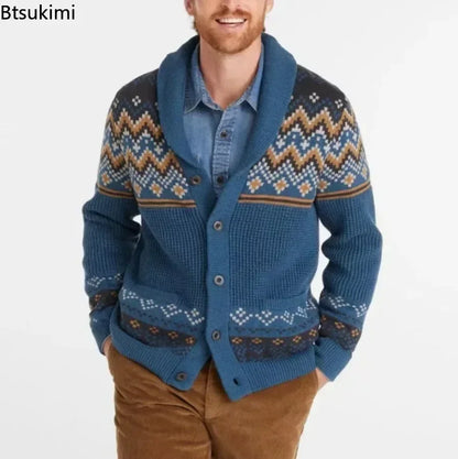 2026 Men's Winter Knitted Sweater Jacket Vintage Jacquard Cardigan Sweaters Lapel Single Breasted Knitted Sweater Coats for Men