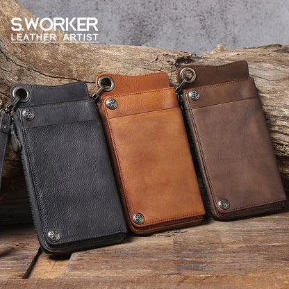 S.WORKER Full Grain Leather Long Wallet Men's Clutch Bag Genuine Leather Classic Purse Card Holder For Men