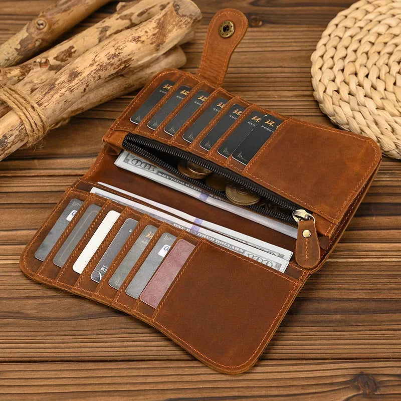 Men's Genuine Leather Wallet Chain Snap Bifold Purse Crazy Horse Leather Card Case Phone Card Holder Clutch Dragon Wallet