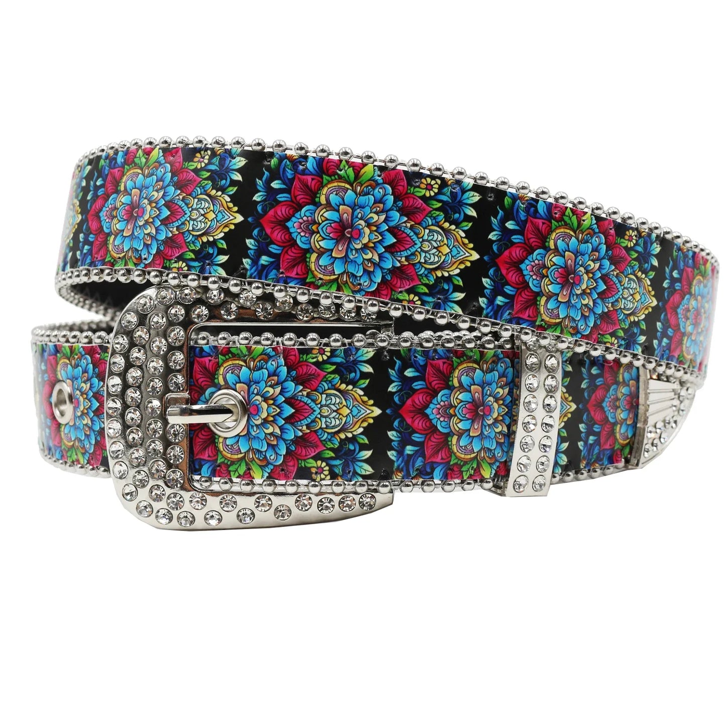 Rhinestone belt blue totem print New Women's Fashion Rhinestone Versatile Fashion PU Leather Belt Jeans Punk Rock Y2K Belt