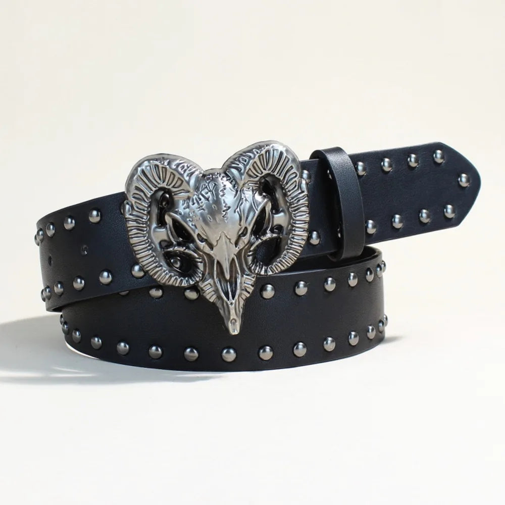 Vintage Western Bull Head Buckle Pu Belt Studded Waist Strap For Jeans Cargo Pants Cowboy Retro Streetwear Accessory