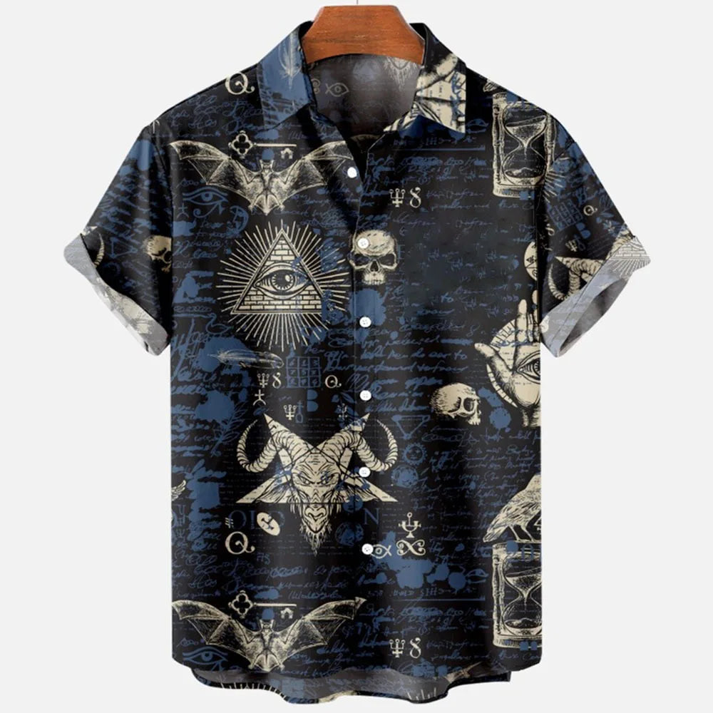 Summer New Retro Men's Shirt Devil Horror Skull Short Sleeve Shirt Collar 3D Printing