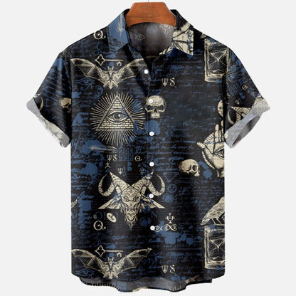 Summer New Retro Men's Shirt Devil Horror Skull Short Sleeve Shirt Collar 3D Printing