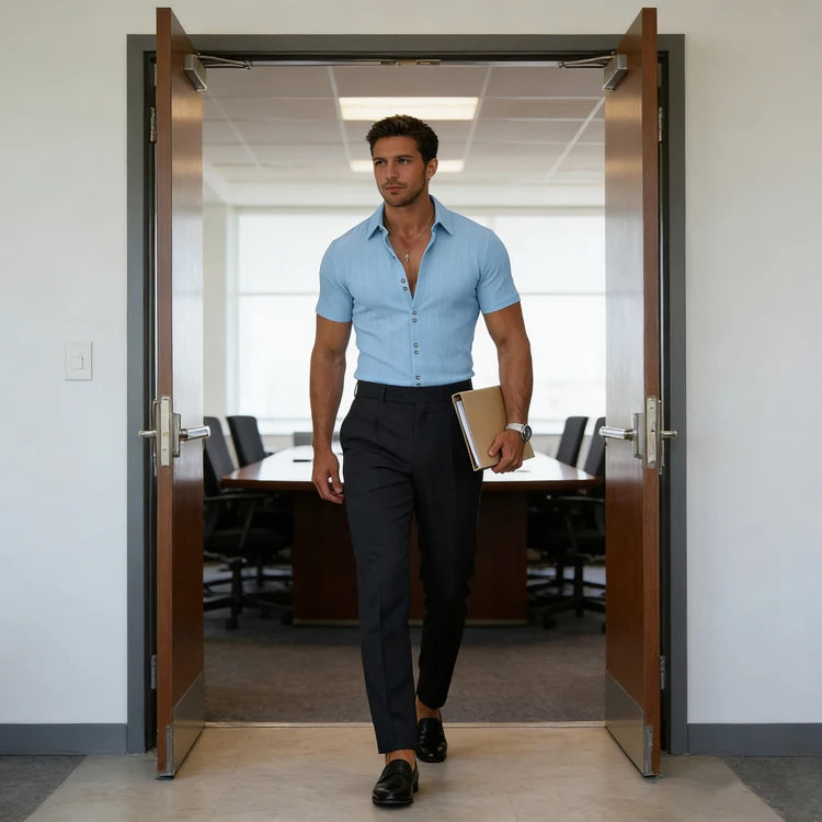Men's Textured Woven Polyester Shirt Short Sleeve Turn Down Collar Button Down Casual Breathable Summer Beach Tops for Men