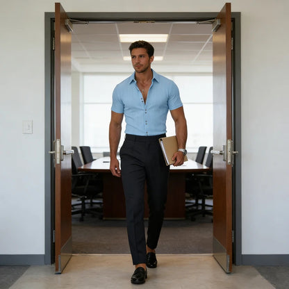 Men's Textured Woven Polyester Shirt Short Sleeve Turn Down Collar Button Down Casual Breathable Summer Beach Tops for Men