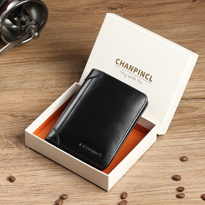 CHANPINCL Men's Italian Top-Grain Cow Leather Slim Tri-Fold Vertical Wallet – Multi-Card, RFID Blocking & Gift Box