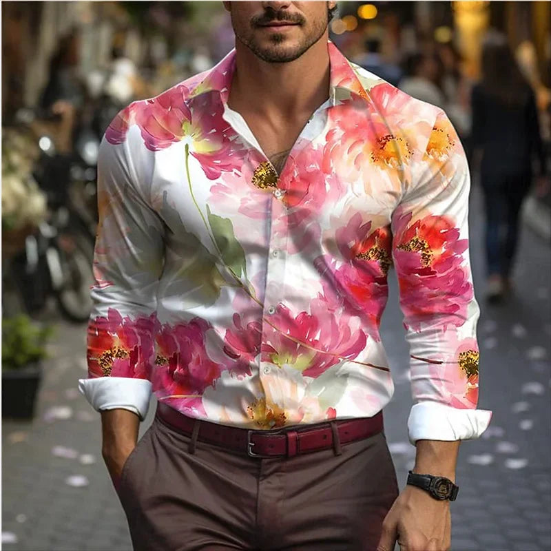 Men's Western Shirt Vintage Pattern Lapel Long Sleeve Button Print Top Fashion Streetwear Designer Western Style
