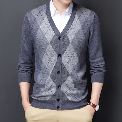 Spring Autumn Men's Argyle Patchwork Knit Cardigan Fashion V-Neck Smart Casual Knitted Sweatercoat Men Slim Fit Sweater Cardigan