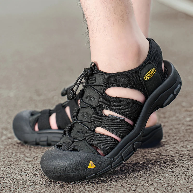 Outdoor Summer Men Sandals Leather Mens Casual Shoes Non-Slip Male Beach Shoes Anti-collision Toe Roman Flats Flip-flops 38-48