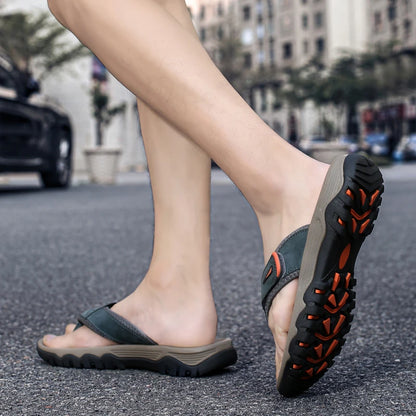 Men Sport Thong Slippers Genuine Leather Upper Adjustable Hook Loop Shock Absorb Anti Slip MD Sole Daily Beach Casual Flip Flops