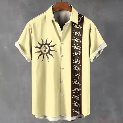 2026 Summer Men's Short-Sleeve Shirt, Coconut Tree Print, Color-Blocked Placket, Casual Vacation Beach Shirt, Hawaiian Shirt