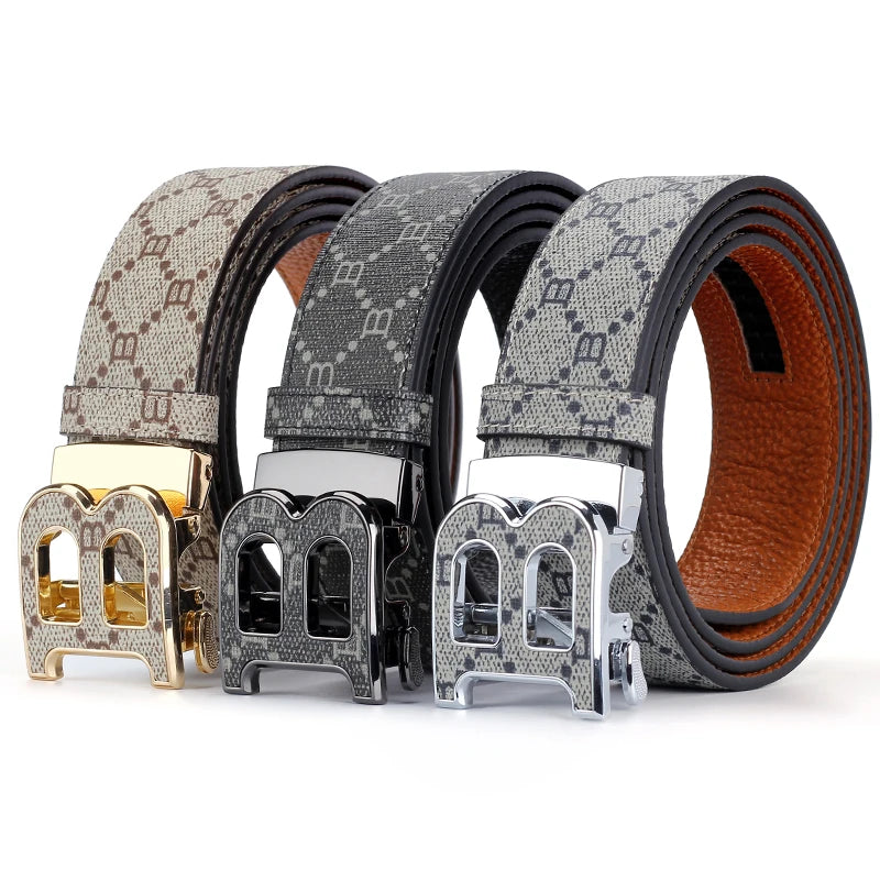 Classic B Print Leather Belt for Men - Adjustable Ratchet Buckle Dress Belt for Suits & Trousers
