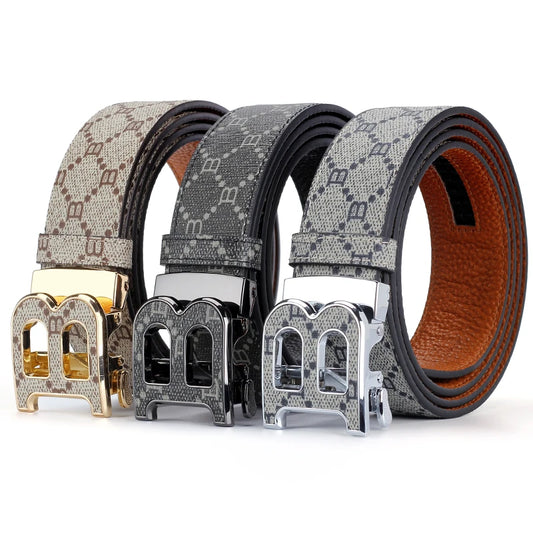 Classic B Print Leather Belt for Men - Adjustable Ratchet Buckle Dress Belt for Suits & Trousers