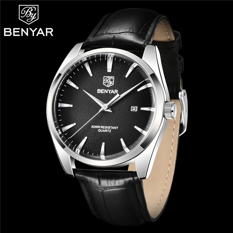 Benyar 5163 Top Brand Luxury Military Wristwatches Leather Quartz Watches Waterproof Simple Watch for Men Reloj Hombre