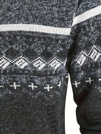 Men's Zip Up Fair Isle Cardigan Sweater Warm Knit Jacquard Stand Collar Casual Winter Pullover with Thermal Lining