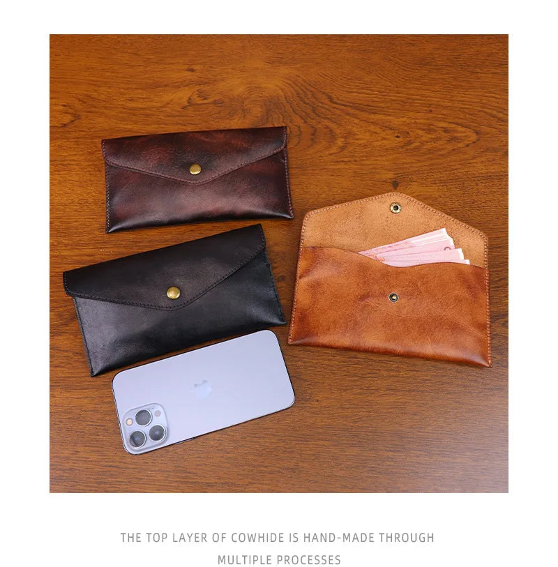 Genuine Leather Men Handmade Wallet High Quality Retro Handbag Simple Phone Pocket Card Bag Big Capacity Male Purses