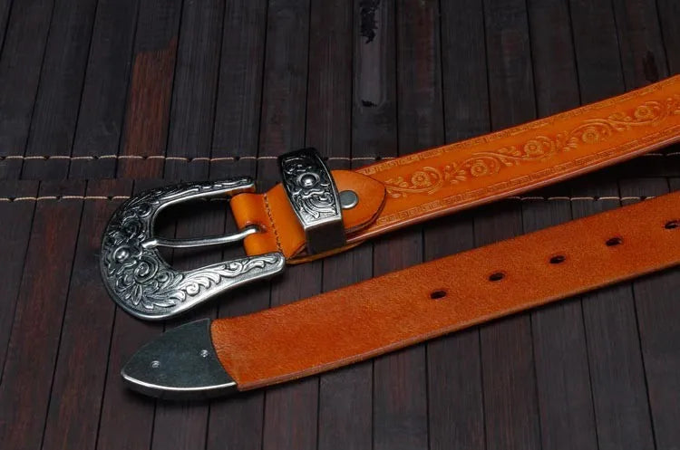 High Quality Court Style Embossed Western Cowboy Steel Buckle Belt Genuine Leather Designer Men Belt Punk Jeans Belts For Men
