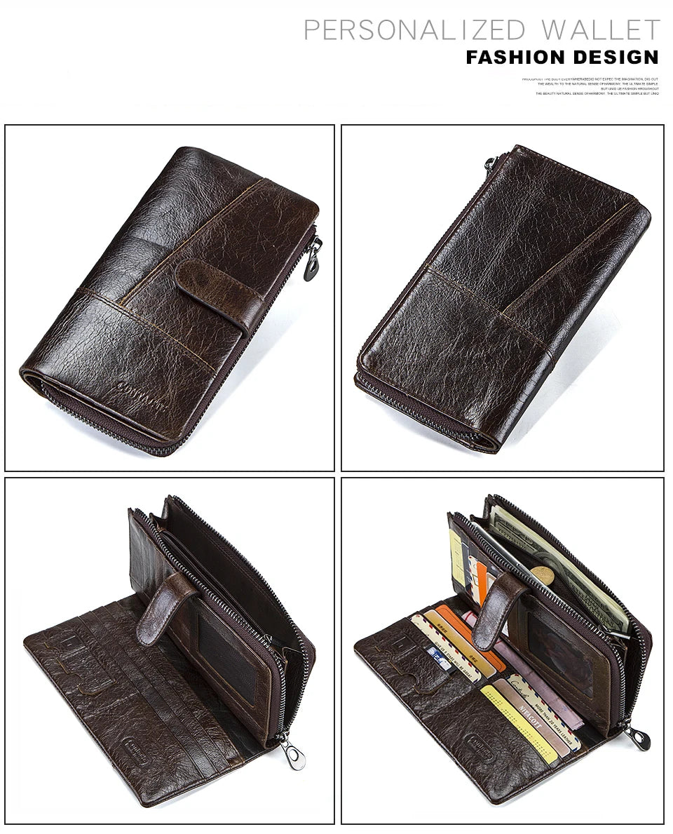 CONTACTS Genuine Leather Men Wallet Long Vintage Bifold Men's Wallet Zipper Coin Purses Large Capacity Money Clips Card Holder