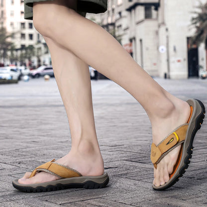 Men Sport Thong Slippers Genuine Leather Upper Adjustable Hook Loop Shock Absorb Anti Slip MD Sole Daily Beach Casual Flip Flops