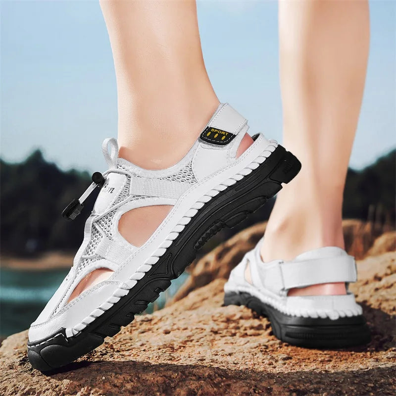 Men's Handmade Simple Letter-Print Sandals, Summer Beach Hollow Sandals, Fashionable Velcro Men's Shoes, Outdoor Hiking and River-Tracing Shoes, Comfortable, Breathable, Wear-Resistant, Non-Slip, Large Size Men's Shoes