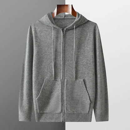 Autumn And Winter Men's 100% Pure Wool Cardigan Warm Zipper Hooded Casual Knitted Cashmere Coat