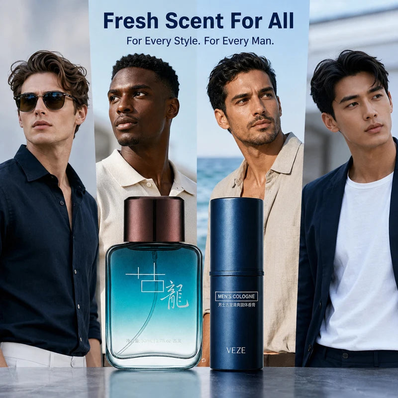 2Pcs Men Cologne Set Ocean Fresh Spray Perfume & Solid Cologne Long Lasting Portable Fragrance Gift for Him Travel Daily