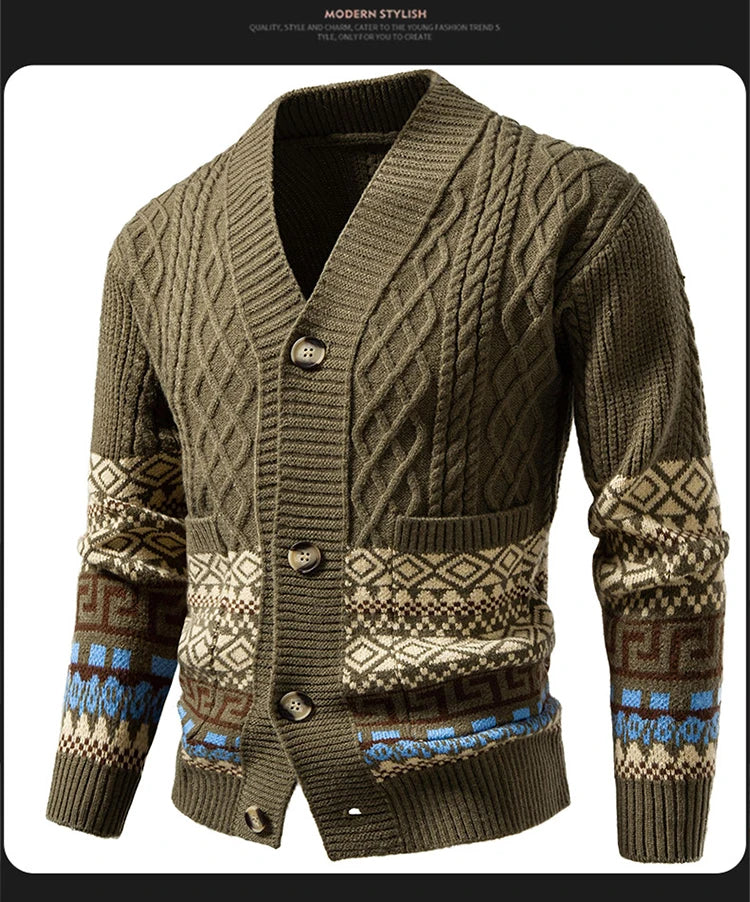 Men's Cable Knit Fair Isle Geometric Striped Cardigan V Neck Button Front Pocket Long Sleeve Sweater Autumn Winter Casual