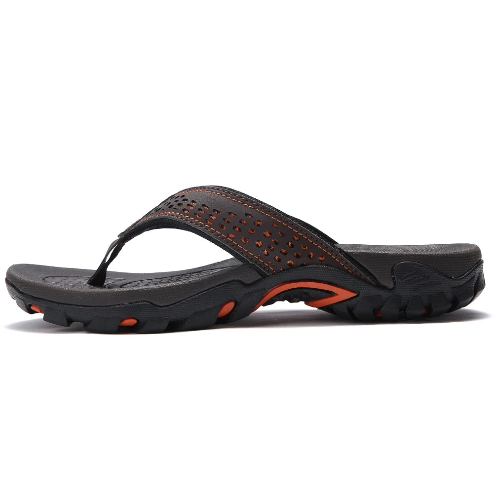 Plus Big Size 49 50 51 52 Mens Flip Flops Slippers PU Leather Beach Shoes TPR Outsoles Hard-Wearing Outdoor Style