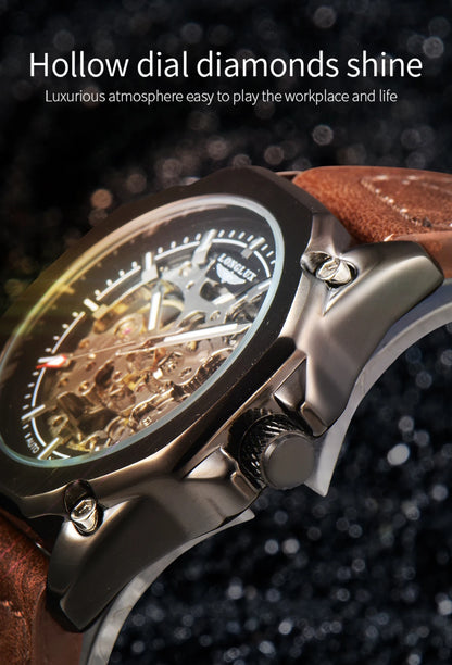 LONGLUX Automatic Watch Sport Style Wholesale Mechanical Wristwatches Fashion Hollow Leather Mens Watch Men Gift