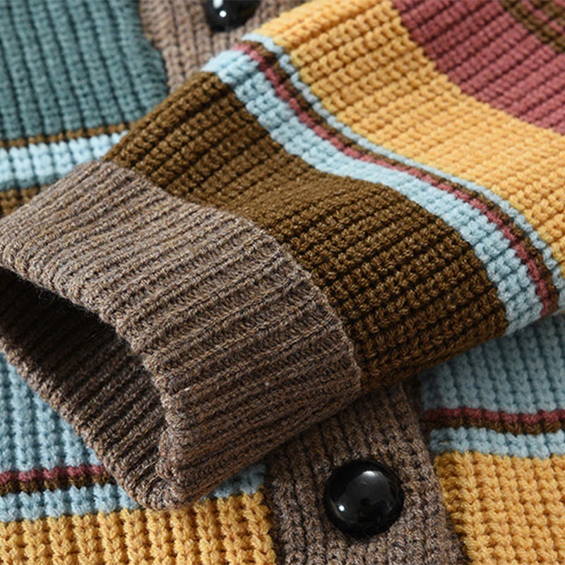 Trendy Mens Knitted Cardigans 2025 Spring Casual Button-up Lapel Sweatercoats Men Vintage Rainbow Striped Sweater Jacket Coats