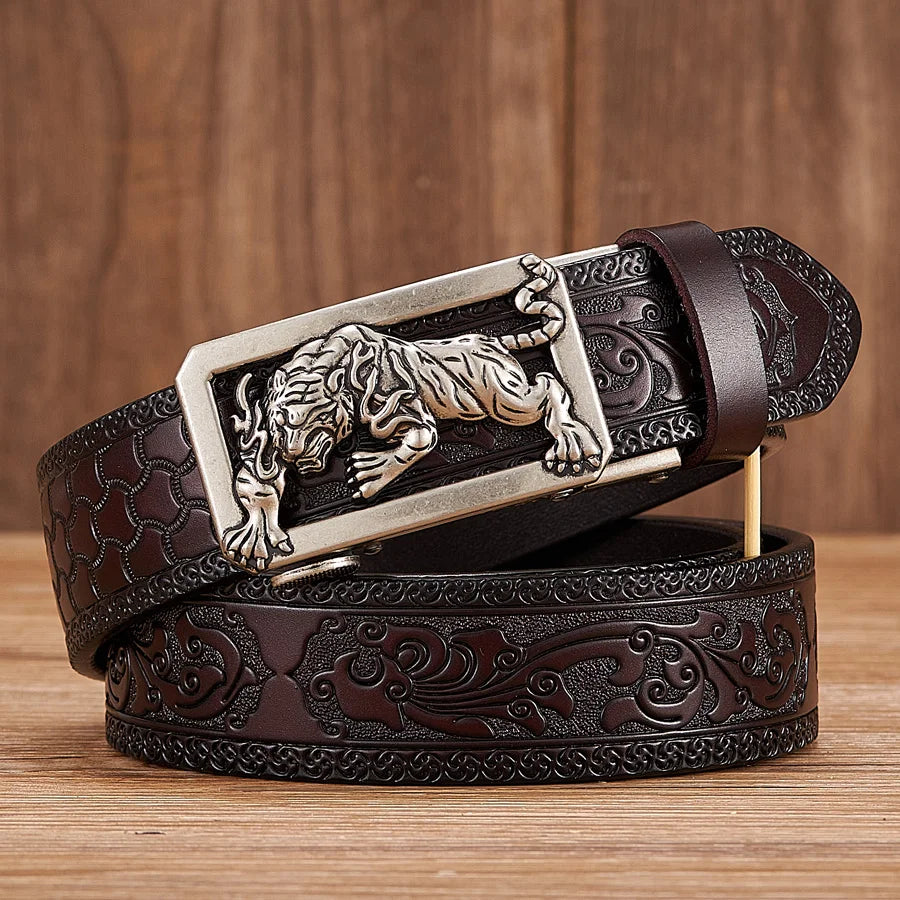 3.5cm Fashion Embossing Retro Male Belts for Men Business Split Leather Belt Dragon Pattern Automatic Buckle Strap