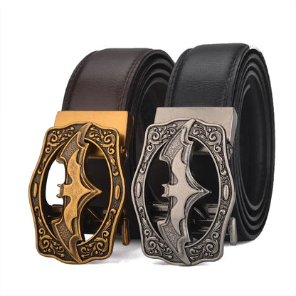 Men's Vintage Bat Pattern Genuine Leather Belt, Silver Gold Automatic Buckle, Plus Size 130 140 150 160 170cm Casual Waistband