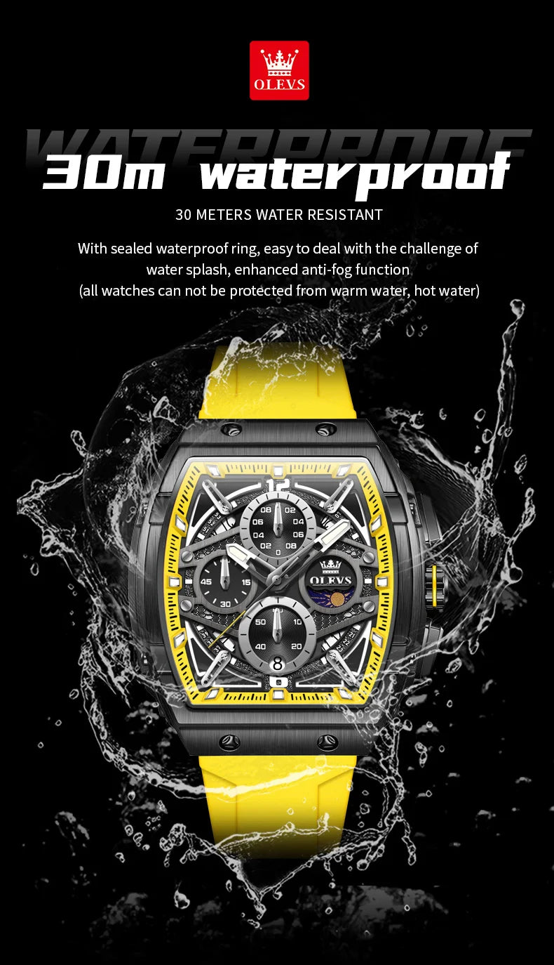 OLEVS 2975 Men's Watches Hollowed Quartz Wristwatch Silicone Strap Tonneau Large Dial Design Waterproof Luminous Watch for Men