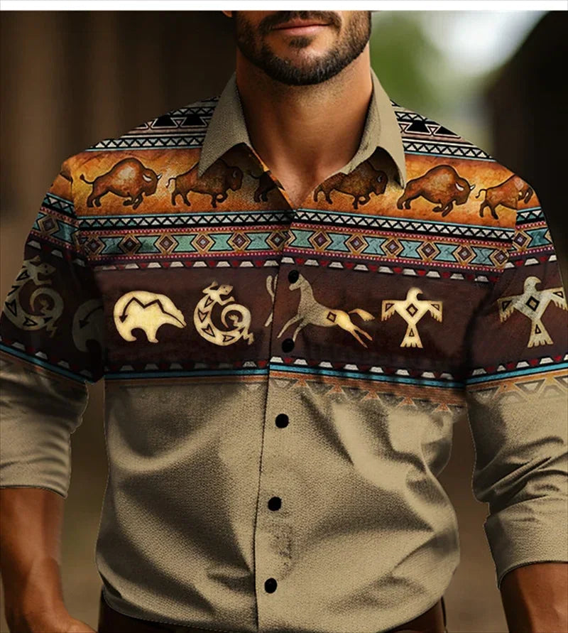 Men's Western Shirt Vintage Pattern Lapel Long Sleeve Button Print Top Fashion Streetwear Designer Western Style