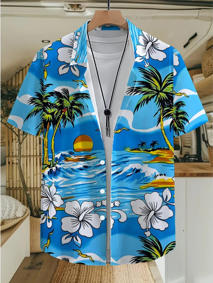 Men's Coconut Tree Graphic Print Short Sleeve Lapel Shirt Tops Men's Casual Button-Down Shirts for Summer Daily Wear Men Clothes