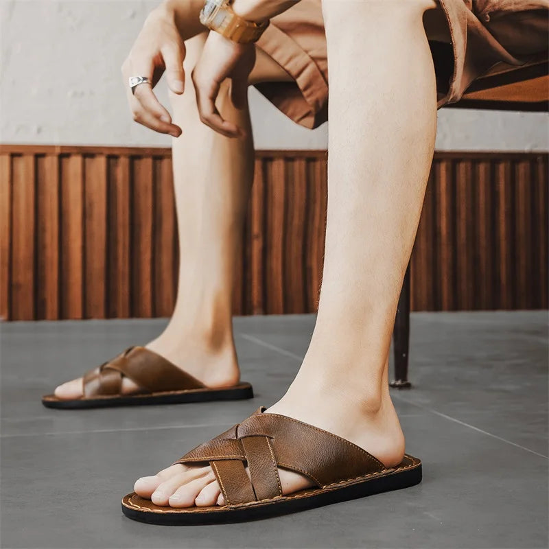 Genuine Leather Men Casual Sandals Summer Mens Slippers Outdoor Breathable Beach Shoes Comfortable Flats Men Flip Flops Size 48