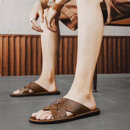 Genuine Leather Men Casual Sandals Summer Mens Slippers Outdoor Breathable Beach Shoes Comfortable Flats Men Flip Flops Size 48