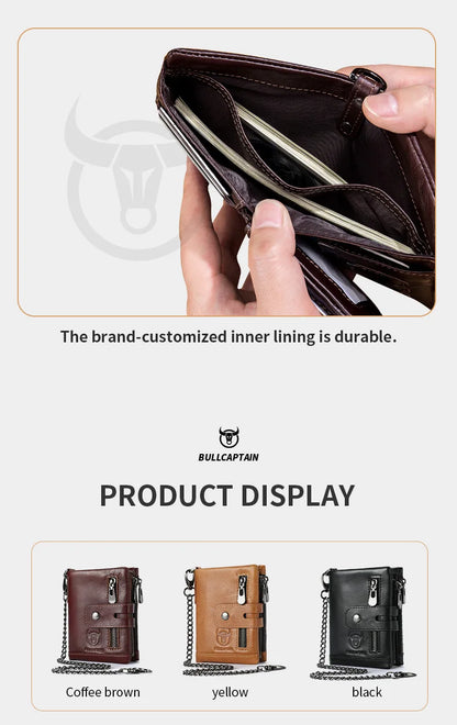Bullcaptain Genuine Leather Men's Wallet Fashion Quality Travel Purse Rfid Protect Credit Card Holder Wollst for Men with Chain