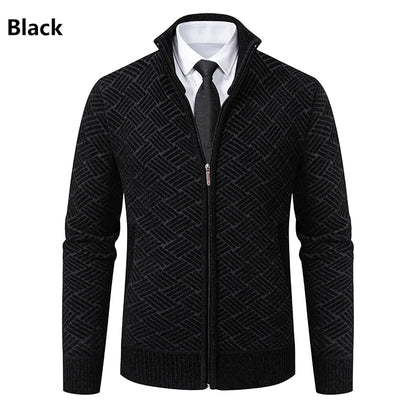 Mens Sweaters Jacket Full Zip Fleeced Sweater Cardigan Plaid Stand Collar Sweaters Coat Autumn Winter Homme Clothes