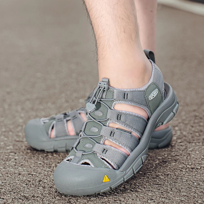 Outdoor Summer Men Sandals Leather Mens Casual Shoes Non-Slip Male Beach Shoes Anti-collision Toe Roman Flats Flip-flops 38-48