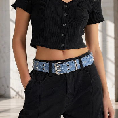 1Pc Fashion Luxury Belt Black Punk Accessories Blue Denim Girdle HipHop Y2k Star Hollowed Pin Buckle Waistband，For Men Women