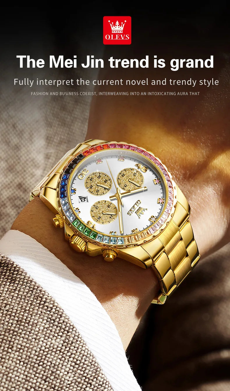 Watch for Men OLEVS Rainbow Gemstone Bezel Business Luxury Top Brand Quartz Watches Waterproof Sports Watches reloj hombre