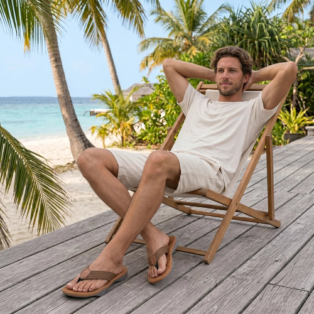 Summer men's slippers made of EVA material are comfortable and non irritating. Outdoor flip flops are of good quality