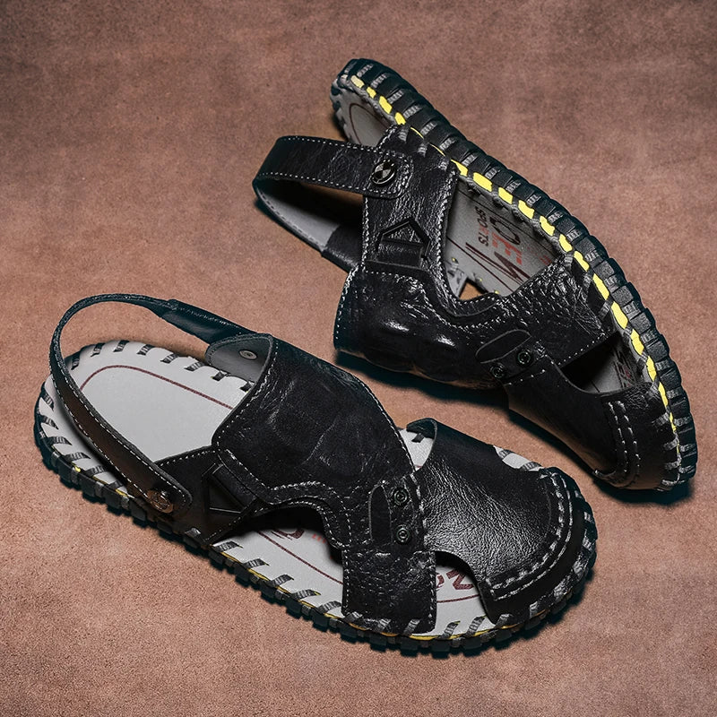 Handmade Men's Summer Sandals Genuine Leather Beach Rubber Flip Flops Classic Roman Male Sandals Outdoor Dual-Purpose Slippers