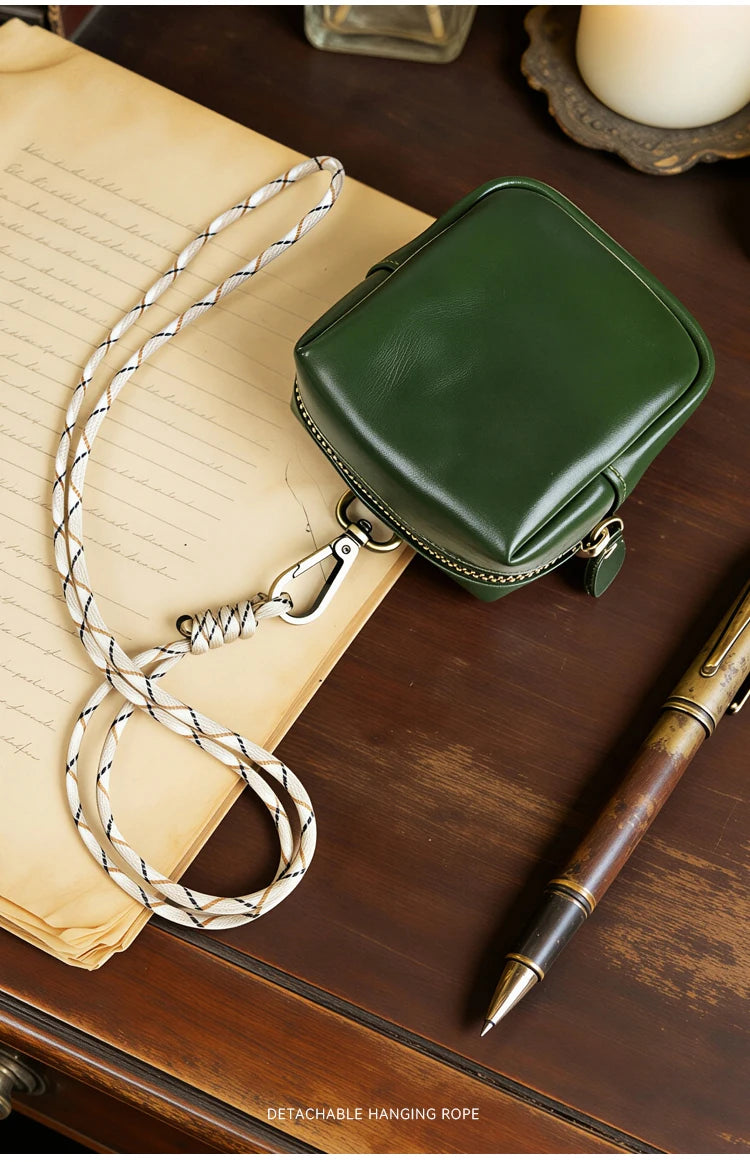 Men's Coin Purse, Genuine Leather Mini Coin Wallet Zipper Pocket with Back Belt Loop Lanyard, Lightweight Keychain Pouch for Men