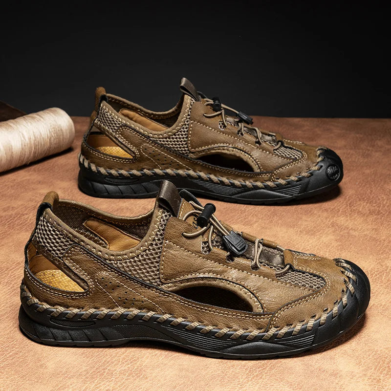 Summer Men Full Casual Leather Hand Stitch Big Size Outdoor Beach Sandals Closed Toe Non Slip Comfort New Summer Walking Shoes