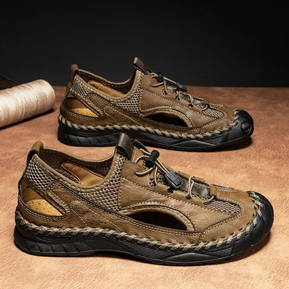 Summer Men Full Casual Leather Hand Stitch Big Size Outdoor Beach Sandals Closed Toe Non Slip Comfort New Summer Walking Shoes