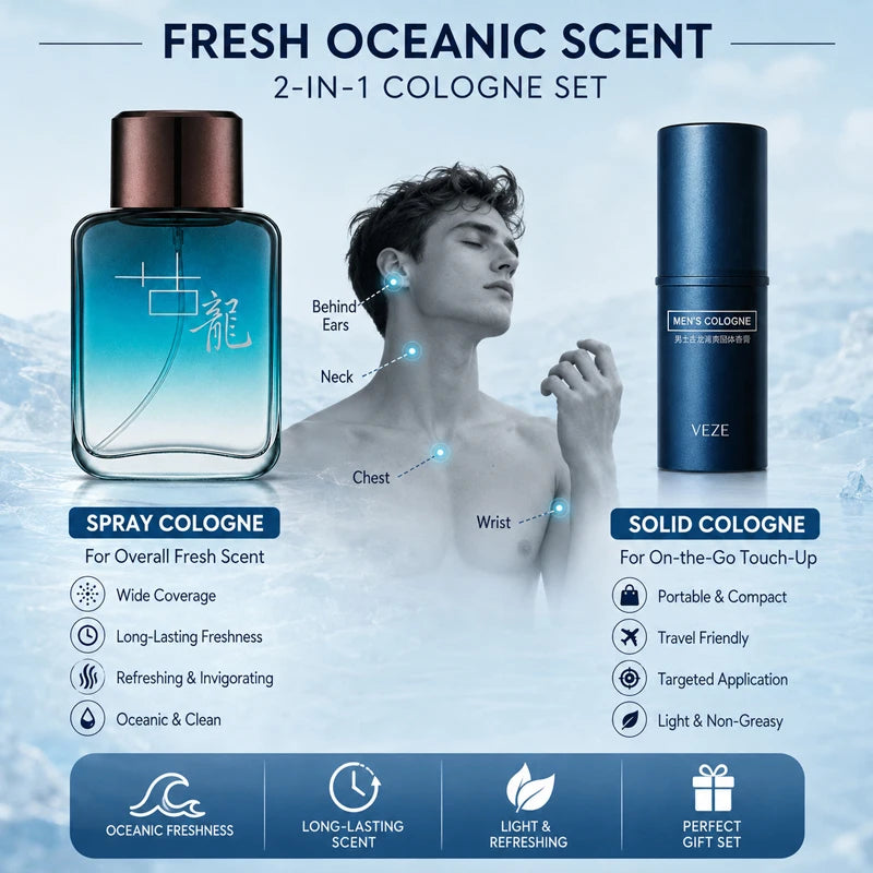 2Pcs Men Cologne Set Ocean Fresh Spray Perfume & Solid Cologne Long Lasting Portable Fragrance Gift for Him Travel Daily