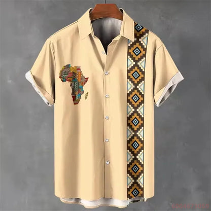 2026 Summer Men's Short-Sleeve Shirt, Coconut Tree Print, Color-Blocked Placket, Casual Vacation Beach Shirt, Hawaiian Shirt
